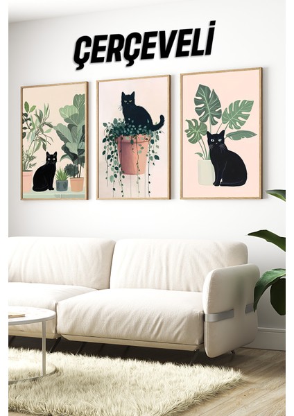 🖼️ Saksıdaki Siyah Kediler Temalı 3’lü Çerçeveli Dekoratif Tablo Seti 🌿🐈‍⬛ CRV1040 23 x 32 indirimleri