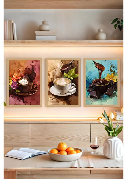 🖼️ 3'lü Çerçeve Görünümlü Tablo Seti – Kahve & Çikolata Temalı CRVS1013 13 x 17