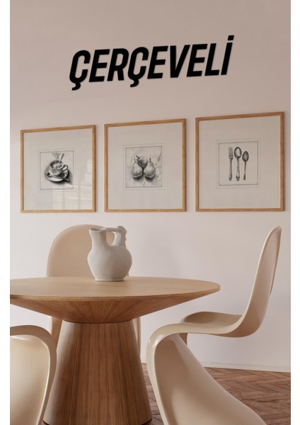 🏷️ 🖤 Karakalem Stil 3’lü Tablo Seti | Mutfak Temalı | Uv Baskı – Mdf – Ahşap Çerçeve KR4052 23 x 23