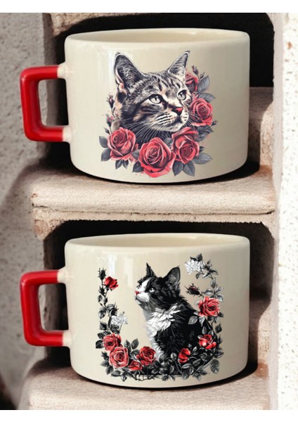 Çiçek Kedi Çizimi Baskılı 2'li Kahve Fincanı Seramik Kupa - Seramik Çay, Kahve Hediyelik Bardağı