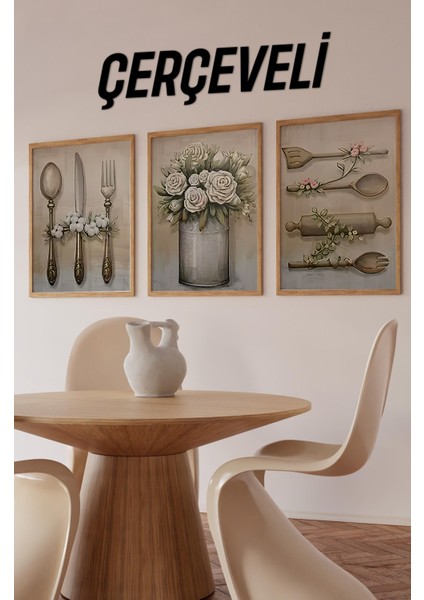 🌸 Mutfak Gereçleri ve Çiçek Temalı 3’lü Çerçeveli Dekoratif Tablo Seti 🌸 CRV1063 23 x 32