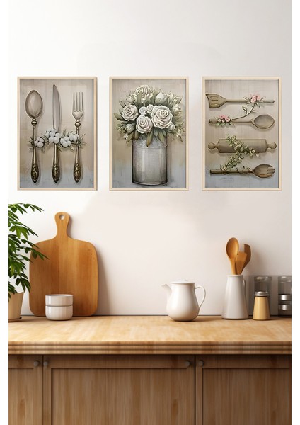 🌸 Mutfak Gereçleri ve Çiçek Temalı 3’lü Çerçeveli Dekoratif Tablo Seti 🌸 CRV1063 23 x 32 fırsatları