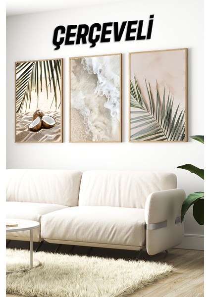 🏝️ Tropik Kumsal ve Deniz Temalı 3’lü Çerçeveli Tablo Seti – Uv Baskı CRV1051 23 x 32