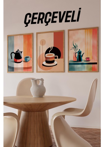 ☕ Renkli Kahve Temalı 3'lü Çerçeveli Tablo Seti – Mdf Uv Baskı (23X32 / 32X42 / 42X62 Cm) CRVS1009 23 x 32
