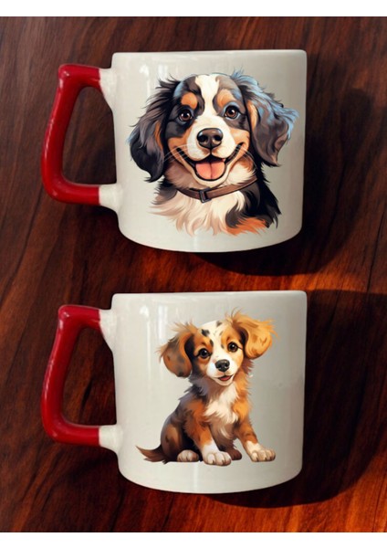Tatlı Köpek Baskılı 2'li Kahve Bardağı Seramik Kupa - Seramik Çay, Kahve Hediyelik Bardağı