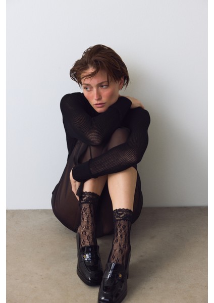 Siyah Leopar Desenli Dantelli File Soket Çorap