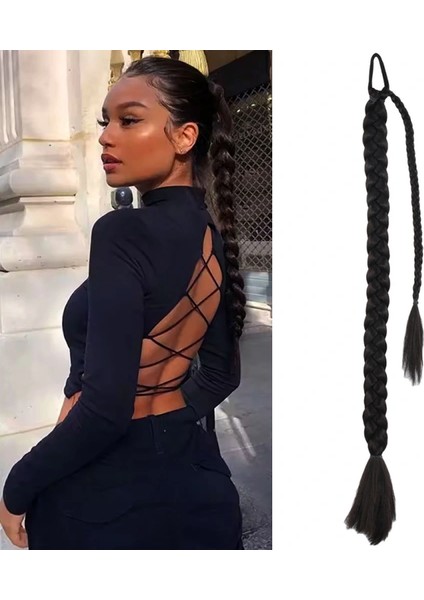 Üçlü Örgülü Tokalı Bağlamalı At Kuyruğu - Koyu Kestane