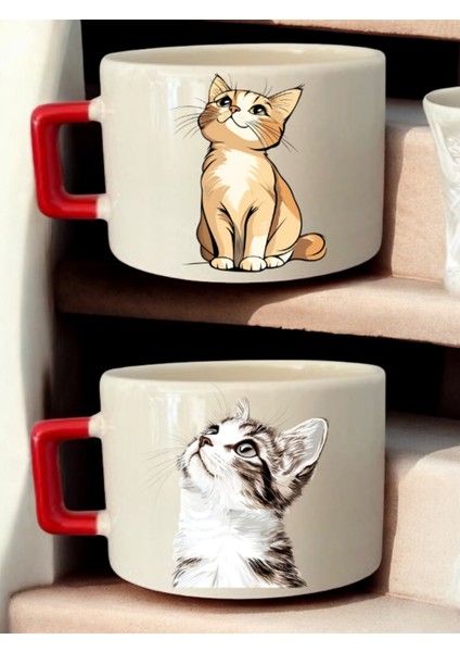 Sevimli Kedi Görseli Baskılı 2'li Kahve Fincanı Seramik Kupa - Seramik Çay, Kahve Hediyelik