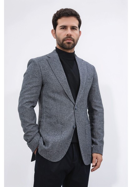 Slim Fit Mono Yaka Gri Astarsız Yünlü Tek Ceket