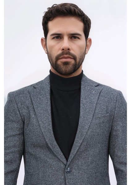 Slim Fit Mono Yaka Gri Astarsız Yünlü Tek Ceket