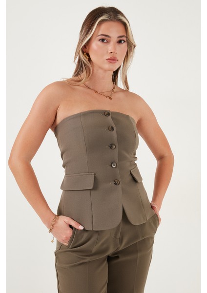 Regular Fit Straplez Yaka Düğmeli Yelek Bayan Yelek 6839611