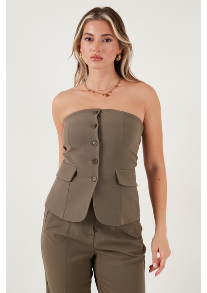 Regular Fit Straplez Yaka Düğmeli Yelek Bayan Yelek 6839611 modelleri