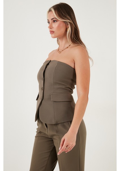 Regular Fit Straplez Yaka Düğmeli Yelek Bayan Yelek 6839611 fırsatları