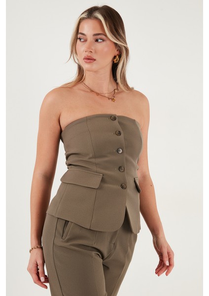 Regular Fit Straplez Yaka Düğmeli Yelek Bayan Yelek 6839611 indirimleri