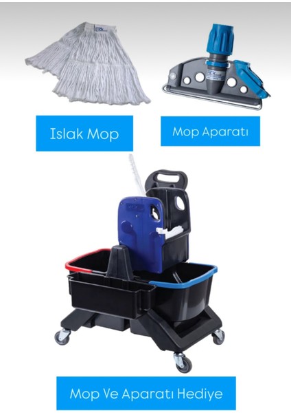 Mck Plastik Çift Kovalı Temizlik Paspas Arabası Temizlik Seti Plastik Presli Mop ve Aparat Hediye