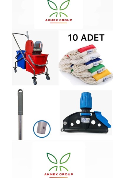 Çift Kovalı Krom Temizlik Arabası Paspas Arabası Islak Mop Seti 13 Parça