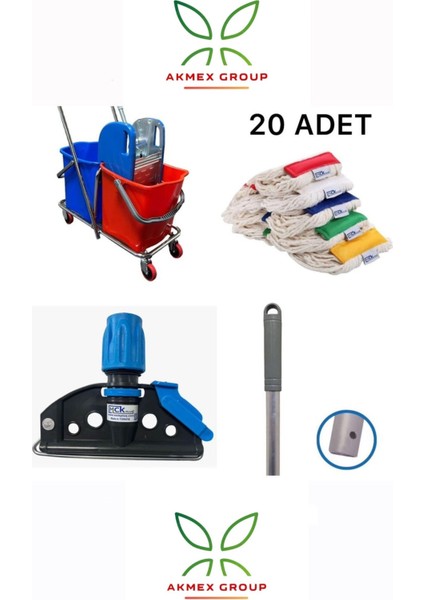 Çift Kovalı Temizlik Arabası Krom Gövdeli Çelik Presli Paspas Arabası Seti Islak Mop Seti 20 Mop