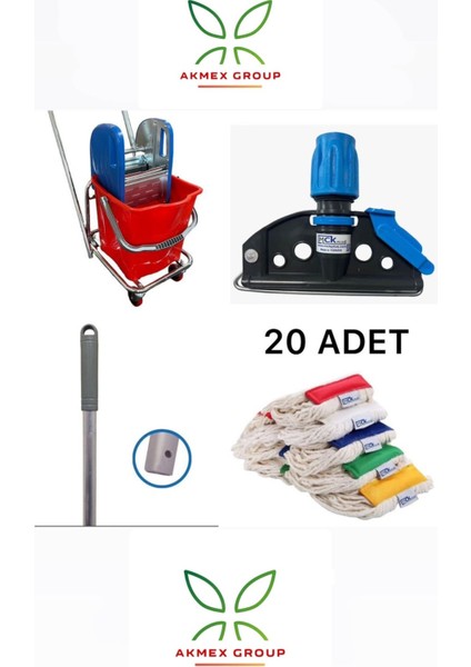 Tek Kovalı Çelik Presli Krom Temizlik Arabası ve Paspas Arabası Temizlik Seti + Islak Mop Seti