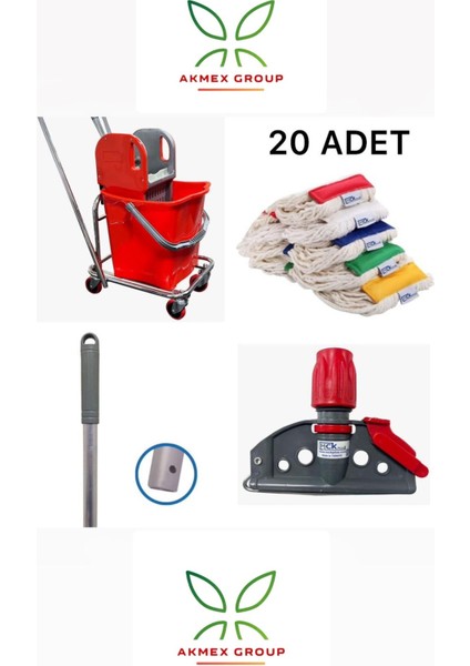 Tek Kovalı Krom Paspas Arabası ve Temizlik Arabası Temizlik Seti Plastik + Islak Mop Seti. 20 Adet