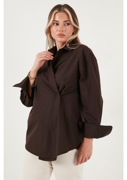 Regular Fit Klasik Yaka Bağlamalı Uzun Kollu Gömlek Bayan Gömlek 6834987