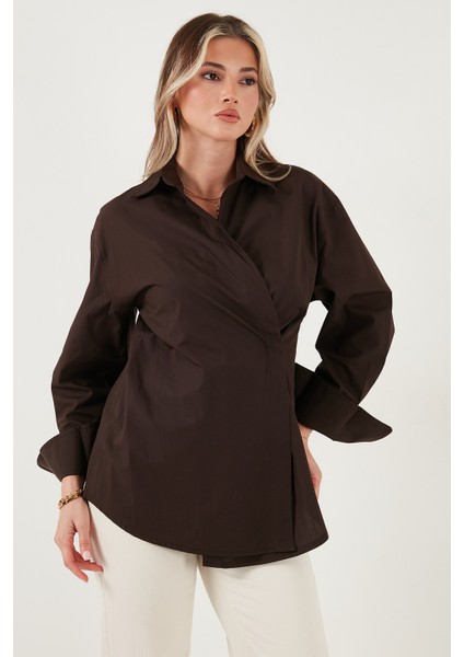 Regular Fit Klasik Yaka Bağlamalı Uzun Kollu Gömlek Bayan Gömlek 6834987 indirimleri