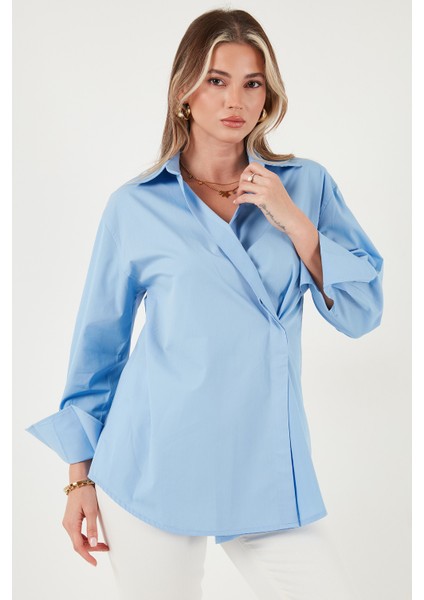 Regular Fit Klasik Yaka Bağlamalı Uzun Kollu Gömlek Bayan Gömlek 6834987