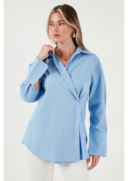 Regular Fit Klasik Yaka Bağlamalı Uzun Kollu Gömlek Bayan Gömlek 6834987
