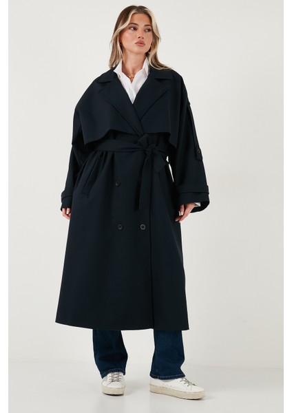 Oversize Fit Kruvaze Yaka Düğmeli Kemerli Uzun Trençkot Bayan Trençkot 6839476 fırsatları