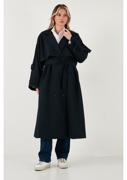 Oversize Fit Kruvaze Yaka Düğmeli Kemerli Uzun Trençkot Bayan Trençkot 6839476 indirimleri
