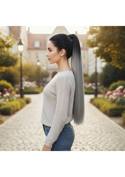 Lastik Tokalı At Kuyruğu Düz - Siyah / Gri Ombre
