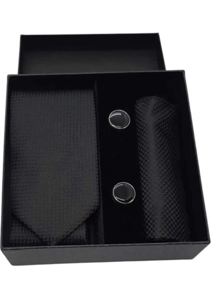 Siyah Desenli Kravat Mendil Kol Düğmesi Özel Set