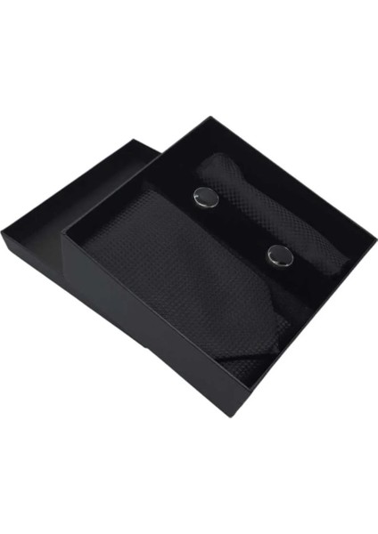 Siyah Desenli Kravat Mendil Kol Düğmesi Özel Set modelleri