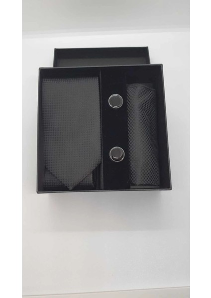 Siyah Desenli Kravat Mendil Kol Düğmesi Özel Set indirimleri