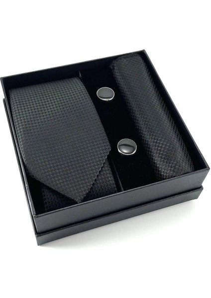 Siyah Desenli Kravat Mendil Kol Düğmesi Özel Set