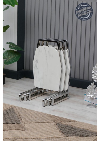 Dali Serisi 1 Adet Beyaz Mermer Desen Katlanabilir Mdf C Sehpa Yan Sehpa Gold Kaplama Metal Ayak