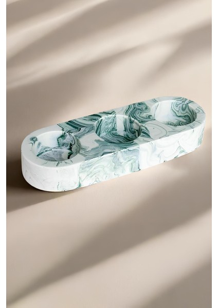 El Yapımı Yeşil Mermer Desenli 3 Gözlü Beton Tealight Mumluk | Minimal Dekoratif Şamdan