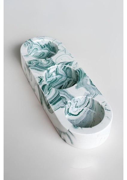 El Yapımı Yeşil Mermer Desenli 3 Gözlü Beton Tealight Mumluk | Minimal Dekoratif Şamdan modelleri