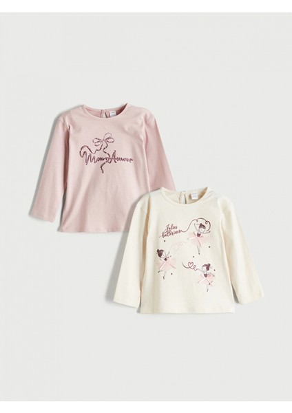 Lcw Kids Bej Bisiklet Yaka Baskılı Kız Çocuk Tişört