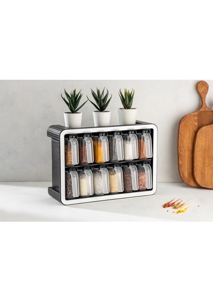 12LI Standlı Şeffaf Kaşıklı Kapaklı Baharatlık Saklama Kabı Seti Duvara Monte ve Kendinden Standl