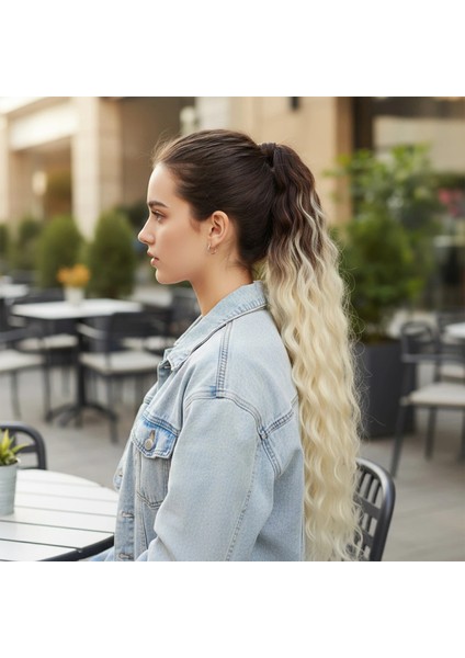 Lastik Tokalı At Kuyruğu Kabarık Afro Dalgalı - Kumral / Platin Ombre