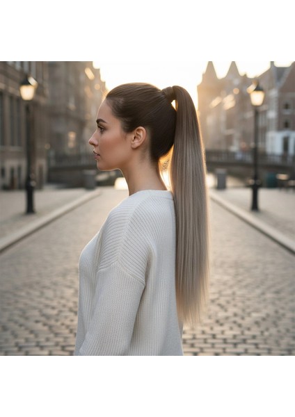 Lastik Tokalı At Kuyruğu Düz - Küllü Kumral / Beyaz Platin Ombre