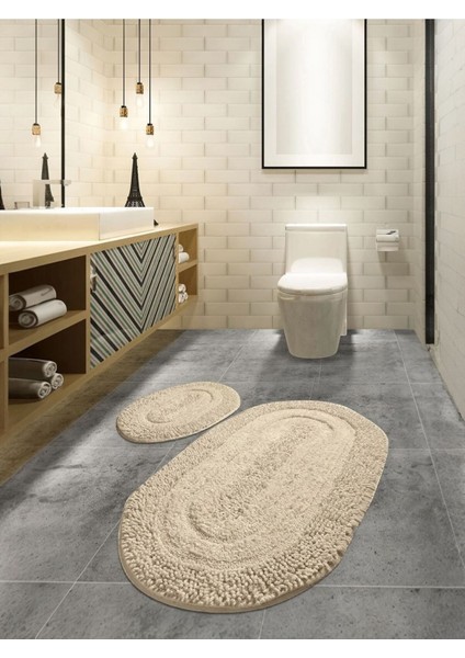 2'li Tafting Banyo Paspası Banyo Halısı Peluş Halı Klozet Paspas Takimi Ebat 50.60 - 60.100