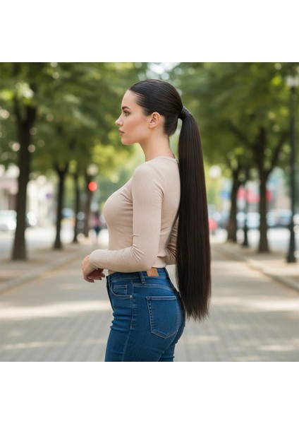 Lastik Tokalı At Kuyruğu Düz - Kahverengi