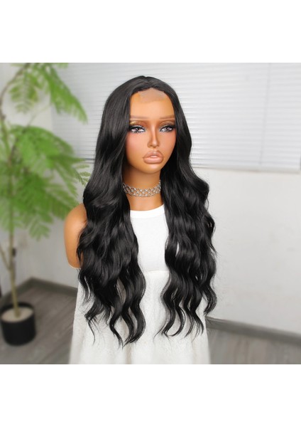 Koyu Siyah Su Dalgalı Fiber Sentetik Tül Peruk modelleri