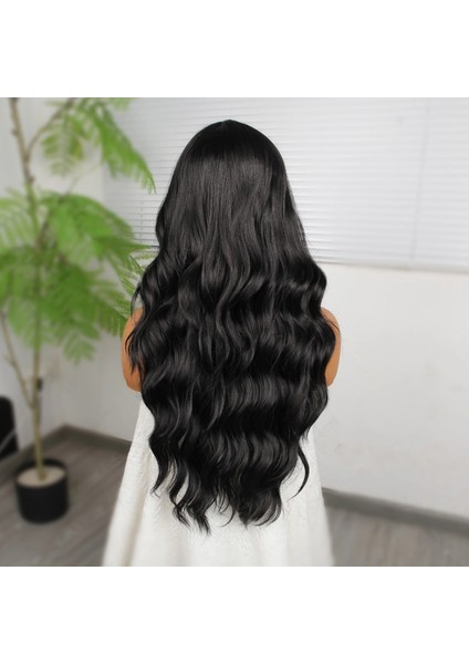 Koyu Siyah Su Dalgalı Fiber Sentetik Tül Peruk indirimleri