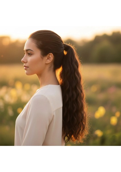 Lastik Tokalı At Kuyruğu Su Dalgalı - Kahve Karamel