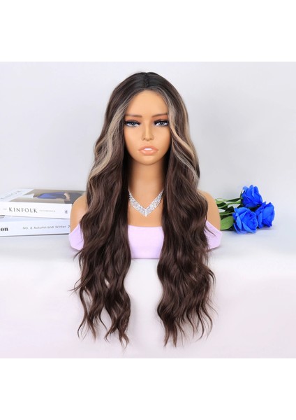 Uzun Kumral Balköpüğü Işıltılı Su Dalgalı Tül Peruk