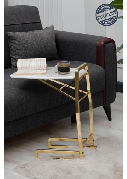 Dali Serisi 1 Adet Beyaz Mermer Desen Katlanabilir Mdf C Sehpa Yan Sehpa Gold Kaplama Metal Ayak