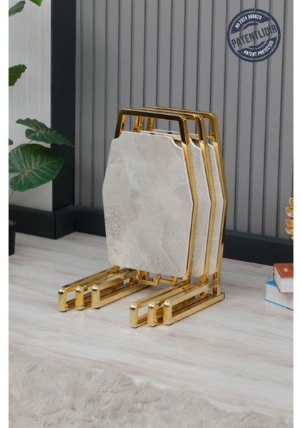Dali Serisi 1 Adet Beyaz Mermer Desen Katlanabilir Mdf C Sehpa Yan Sehpa Gold Kaplama Metal Ayak indirimleri