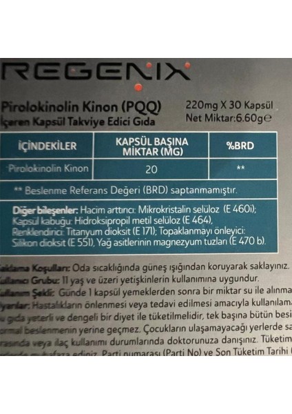 Regenix Pirolokinolin Kinon (Pqq) İçeren Kapsül Takviye Edici Gıda fiyatları